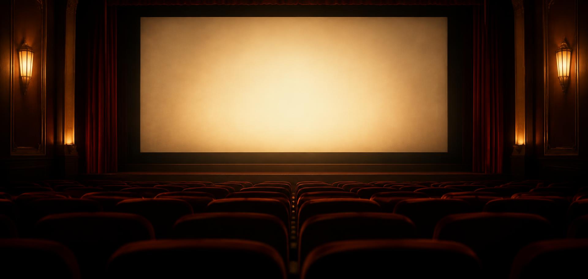 An empty cinema screen glowing in a dark auditorium